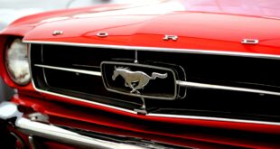 Puissance en chevaux d'une voiture. Le symbole d'un cheval sur une voiture rouge